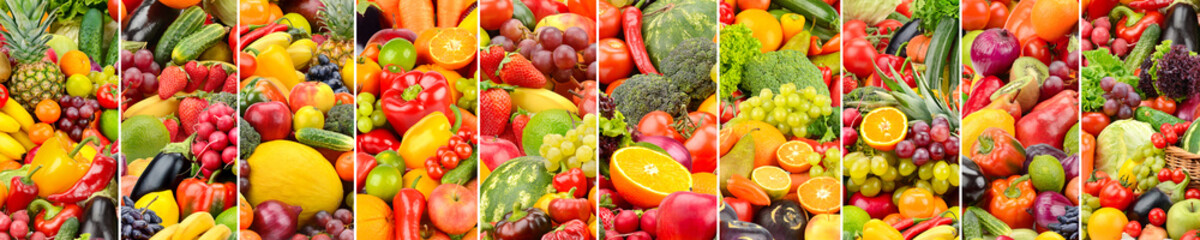 Wide background of fresh bright vegetables and fruits
