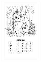 Little bunny collects mushrooms. Camping in the woods. Coloring book for children. Vector illustration isolated on white background. Calendar, September.
