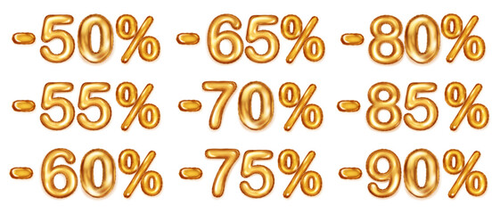 Set of golden foil balloons numbers. Discount for various percentages. For use on sale posters with special offers