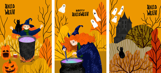 Set of Happy Halloween template with witch cooking the potion in the cauldron. Poster with sorcerer, pumpkin, forest, dark castle, house of ghosts, black cat, lettering