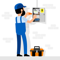 Electrician makes the connection in the electrical panel. Electrician at work. Vector illustration.