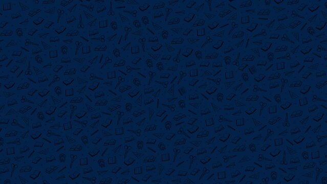 School moving drawing cartoon background. Hand drawn outline illustrations of white contour subjects on a dark blue background. Animation