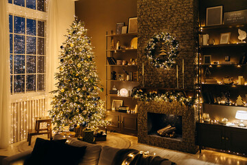 Cozy Christmas evening in the living room with a fireplace and a Christmas tree decorated with garland lights and gifts. Christmas magic. Classic warm New Year's interior. - Powered by Adobe