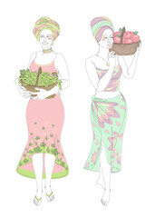 Collection. Silhouettes of a girl in a headscarf. The lady is holding a basket of grapes and apples in her hands. Woman in modern one line style. Solid line, outline, logo. Vector illustration, set.