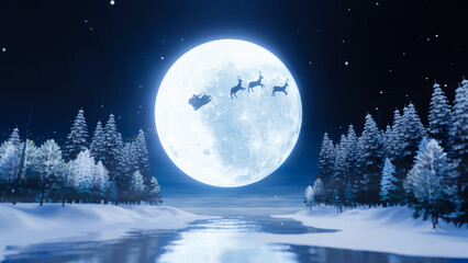 Silhouette Santa and Reindeer with flying in the dark sky with full moon and many stars. The concept for Christmas eve. Super moon is reflected in the sea. A wave the ocean to the island. 3D Rendering