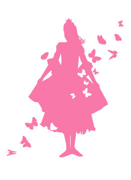 Pink princess silhouette with butterflies. Vector illustration