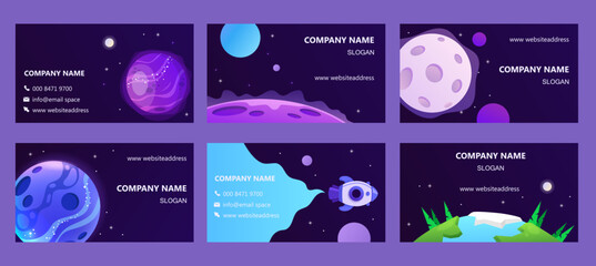 Set of templates for business cards. Abstract shape and planets. Web design. Space exploring. Vector illustration. Template for presentation, banner, flyer. 