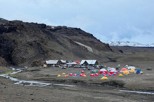 A campsite on a pumice stone field in Drekagil near Askja caldera in Iceland during summer.