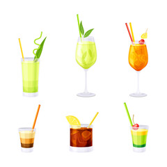 Bright Cocktail in Glass with Straw, Citrus and Berry as Alcoholic Refreshing Drink Vector Set