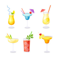 Bright Cocktail in Glass with Straw, Citrus and Berry as Alcoholic Refreshing Drink Vector Set