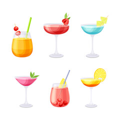 Bright Cocktail in Glass with Straw, Citrus and Berry as Alcoholic Refreshing Drink Vector Set
