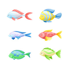 Colorful Fish as Aquatic Gill-bearing Animal with Fin and Tail Vector Set
