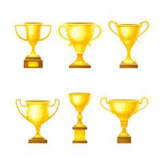 Winner Yellow Cup Award and Trophy on Pedestal for Successful Competition Vector Set