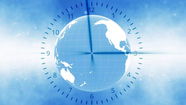 Blue earth globe planet with infinite time clock loop background.