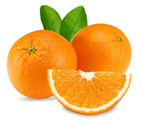 orange fruits with cut of orange and green leaf isolated on white background. healthy food. clipping path