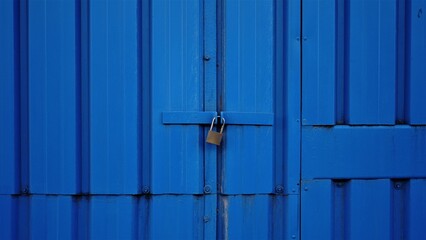 blue industrial metal door closed with padlock