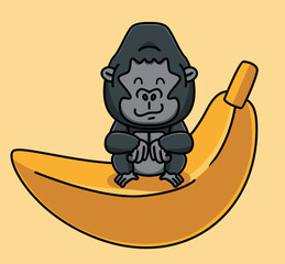 giant banana with gorilla ape black monkey. cartoon Animal Isolated Flat Style Sticker Web Design Icon illustration Premium Vector Logo mascot character object