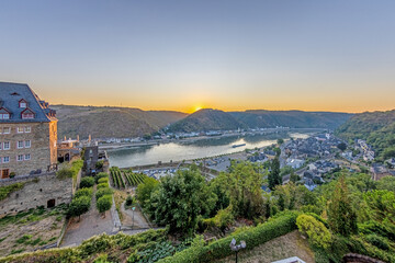 Fototapeta na wymiar Drone panorama over St. Goar and St. Goarshausen during sunrise