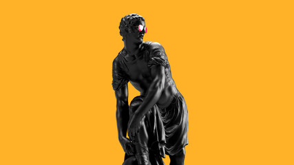 3d render bent sculpture of a man in contrasting colors of yellow and black tying shoelaces