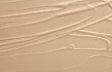 Art Acrylic smear blot brushstroke painting wall. Abstract relief texture beige neutral color stain horizontal copy space canvas background.
