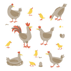 Chicken, Hen, Chicks, poult, egg. Hand drawn domestic birds, simple vector funny poultry collection, isolated on a white background.