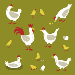 Farm birds hand drawn. Cute Chicken, Hen, Chicks, poult, eggs. Cartoon domestic birds, simple vector funny poultry collection.