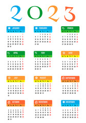 Calendar 2023 in English. Calendar with division into seasons. The days of the week are at the top, week start Monday. Vector illustration