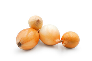 Unpeeled onion bulbs isolated on white background