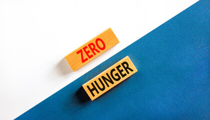 Zero hunger symbol. Concept words Zero hunger on wooden blocks on a beautiful white and blue...