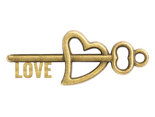 Bronze vintage antique key with word Love isolated on white background