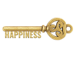 Realistic bronze vintage antique key with word Happiness isolated on white background