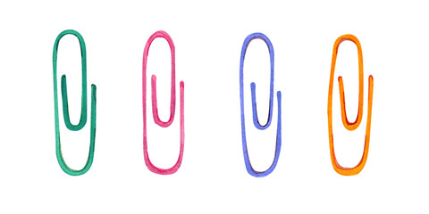 Realistic color paper clips set. Watercolor illustration school supplies. Green, violet, pink and orange. Isolated on white. Hand drawing.