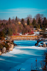 Bridge over a frozen lake in the japanese garden