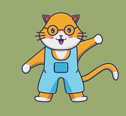 cute cat girl wearing clothes hand up. cartoon animal clothes concept Isolated illustration. Flat Style suitable for Sticker Icon Design Premium Logo vector. Mascot character