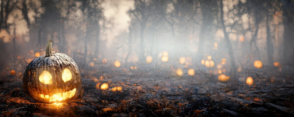 halloween background template burning pumpkin lanterns with cheerful face in forest - obrazy, fototapety, plakaty