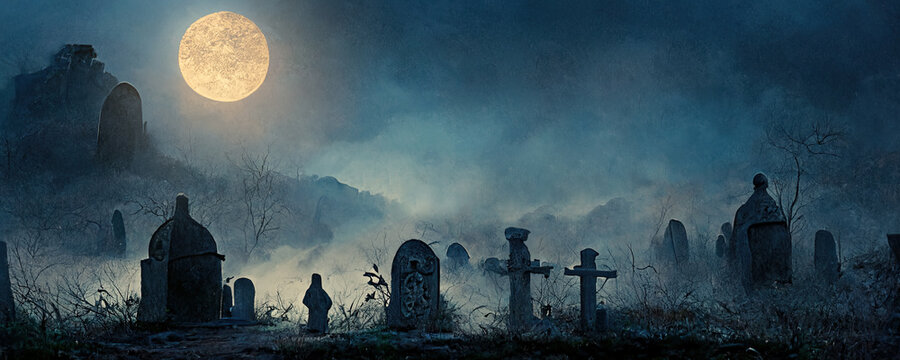 halloween background template. spooky scary night cemetery in hills at full moon