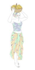 Silhouettes of a girl in a headscarf. The lady is holding a basket of bananas in her hands. Woman in modern one line style. Solid line, decor outline, posters, stickers, logo. vector illustration.