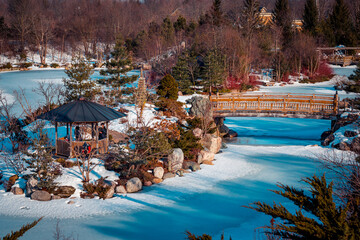 Snowy landscape in the japanese garden