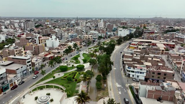 Aerial view of the "Paseo Las Musas" park in Chiclayo, Lambayeque, Peru.