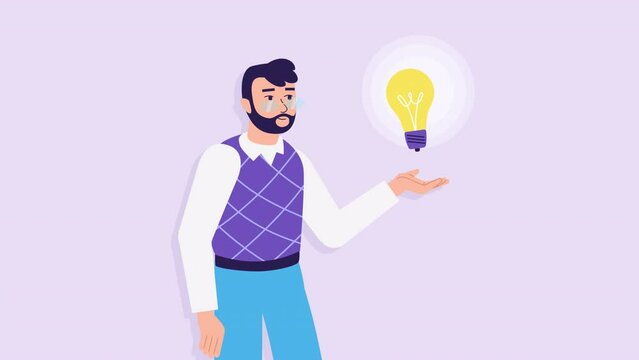 happy man and light bulb. Concept of a great idea, Eureka. Solution of the problem, answer. 2d flat animation. template for explainer video. good brilliant idea, cartoon stock footage