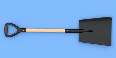 Garden shovel with wooden handle on blue background, summer camping concept