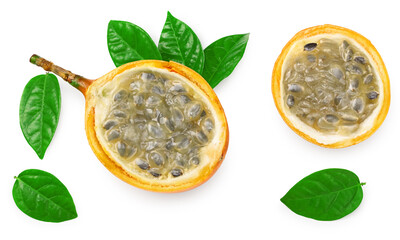 sliced granadilla or yellow passion fruit with green leaves isolated on white background. exotic...