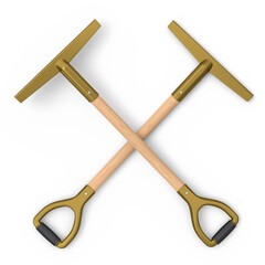 Set of crossed hoe with wooden stick for planting flowers on white background.