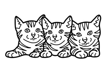 Coloring page with three cute tabby kittens. Coloring book for kids vector illustration.