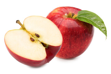 red apple with green leaf isolated on white background. clipping path.