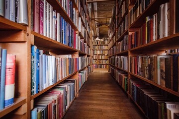 Closeup of old bookshelves inside a library