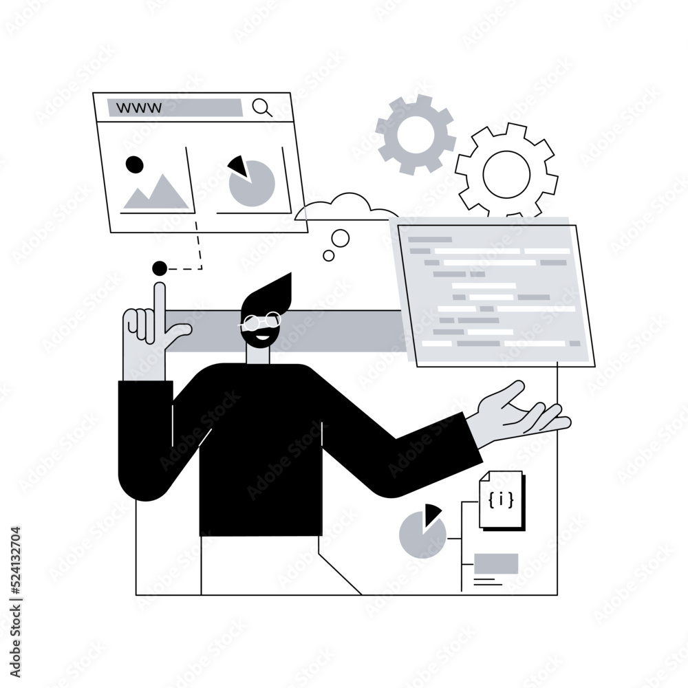 Poster website development abstract concept vector illustration. webpage programming, software deployment b