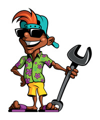 Cartoon style vector character, cartoon style man, plumber, mechanic in sunglasses and hawaiian shirt, holding a wrench in his hand. Isolated on white background.