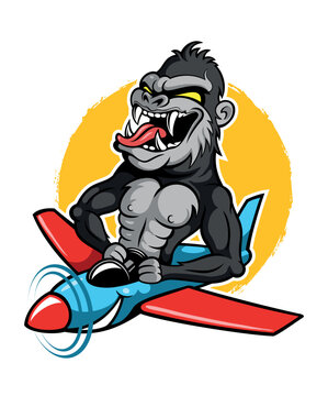 Cartoon style funny, roaring gorilla image. Gorilla pilot character flying on a plane. Mascot design concept. Isolated on white background.