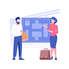 Furniture project isolated concept vector illustration. Businesswoman discussing furniture project of office with manager, distributorship agreement, room renovation vector concept.